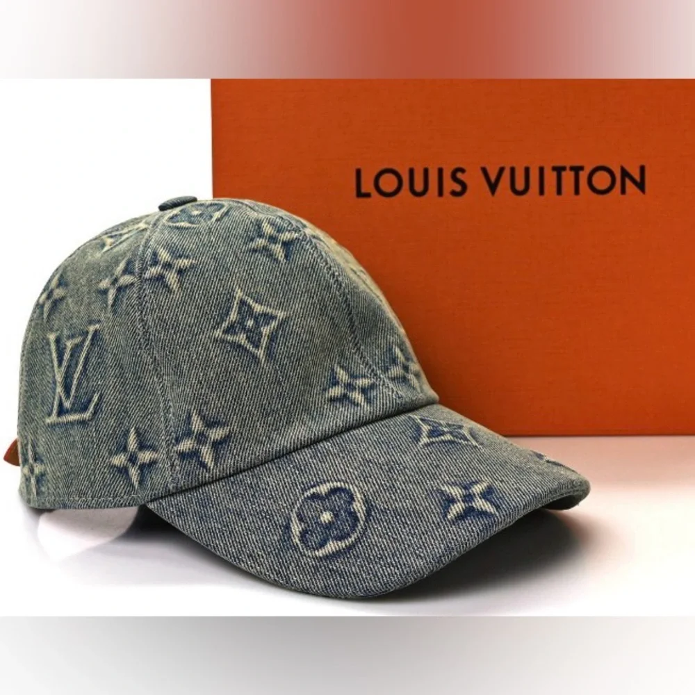 Monogram Denim Embossed Baseball Cap Hat Stiff Logo Canvas Leather Back Strap - Picture 8 of 10